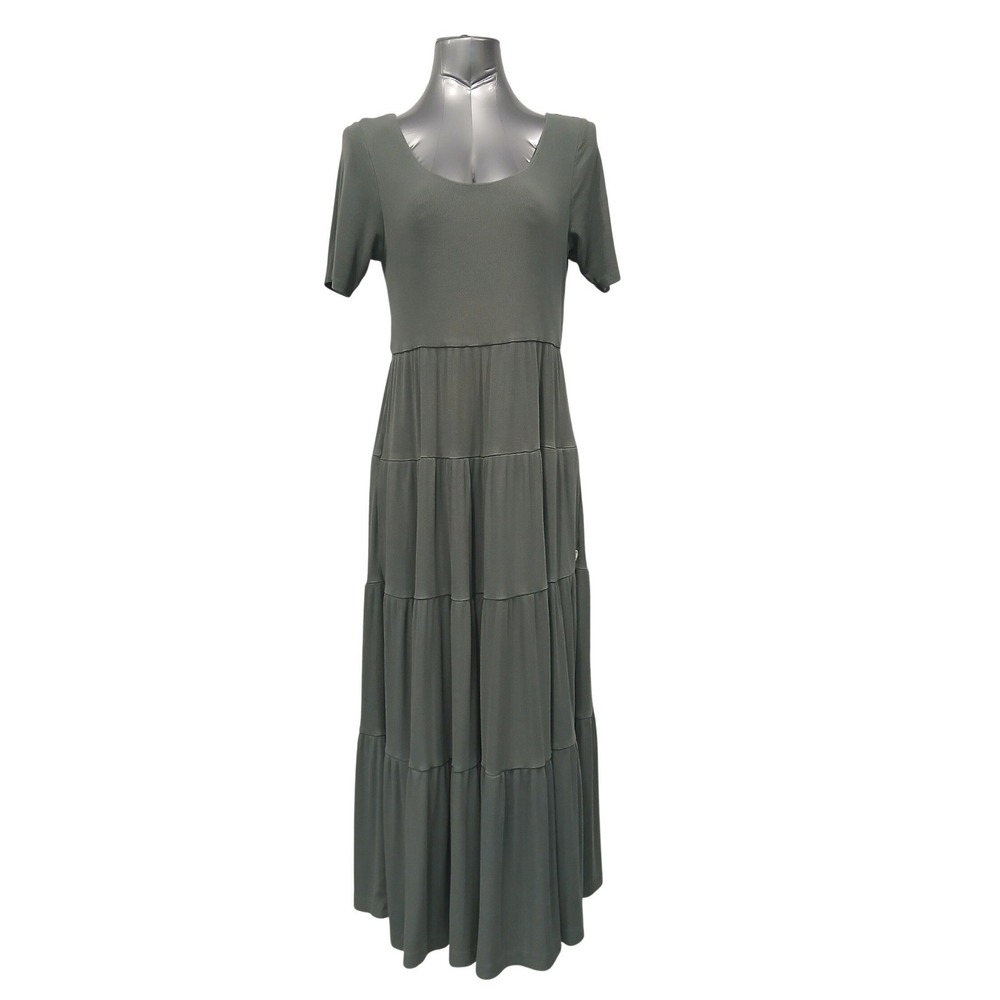 Bohme Essentials Sage‎ Green Ribbed Knit Tiered Maxi Dress Short Sleeve  sz Med